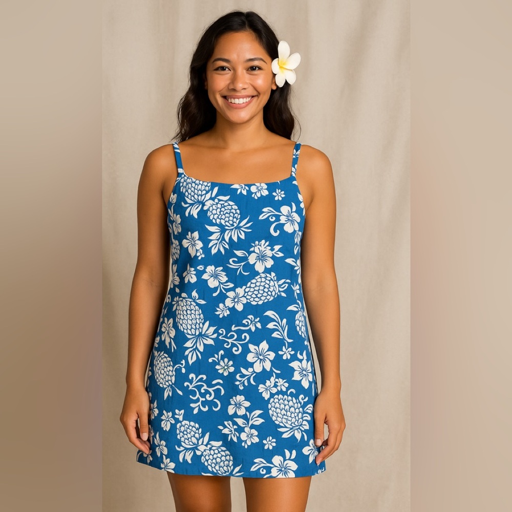 VTG Hilo Hattie Hawaiian Dress Blue White Pineapple Print Cotton Mini Women’s M